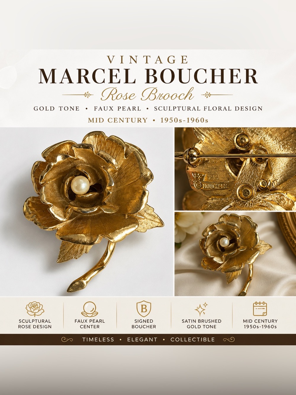 Vintage Marcel Boucher Rose Brooch in Satin Gold with Faux Pearl Mid-Century